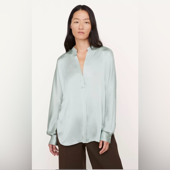 Vince Band Collar Popover Silk Blouse In Seagram Green